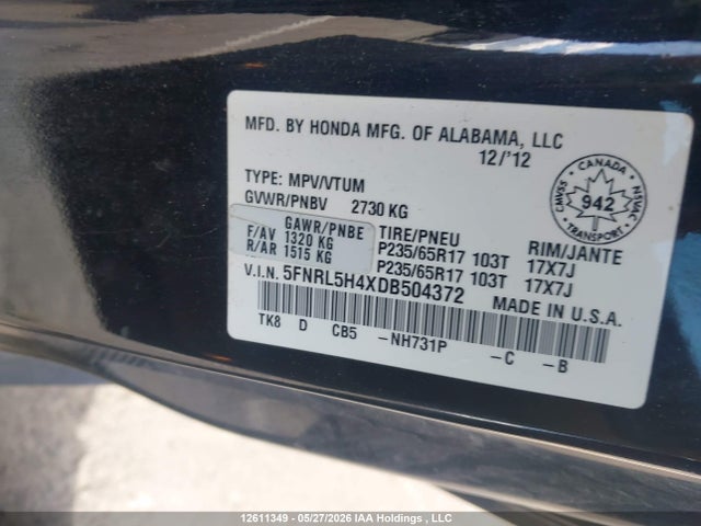 Aukcja sprzedaży 2013 Honda Odyssey Ex, vin: 5FNRL5H4XDB504372, numer aukcji: 12611349