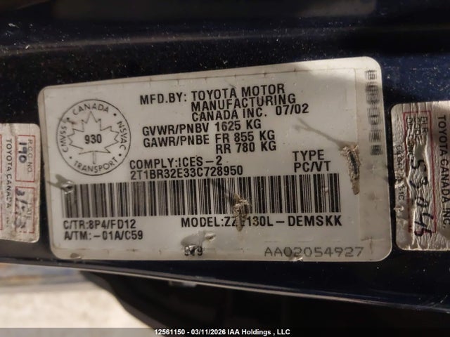 12561150 :رقم المزاد ، 2T1BR32E33C728950 vin ، 2003 Toyota Corolla Ce/le/sport مزاد بيع