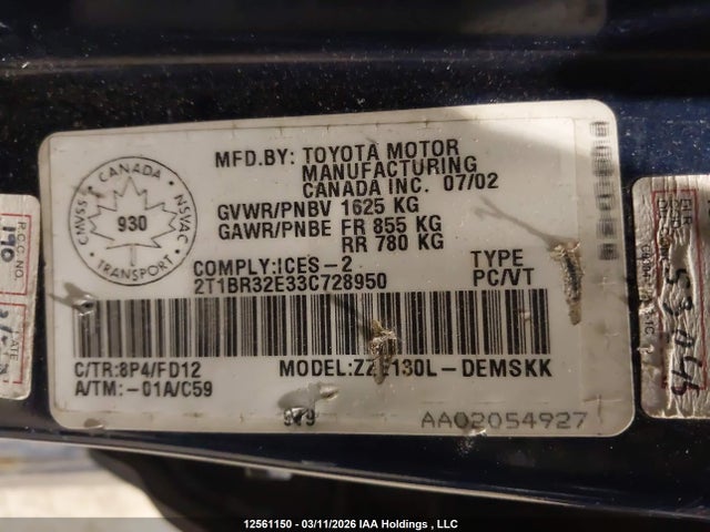 12561150 :رقم المزاد ، 2T1BR32E33C728950 vin ، 2003 Toyota Corolla Ce/le/sport مزاد بيع