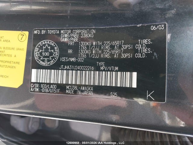 Aukcja sprzedaży 2004 Lexus Rx 330, vin: JTJHA31U240022216, numer aukcji: 12600958