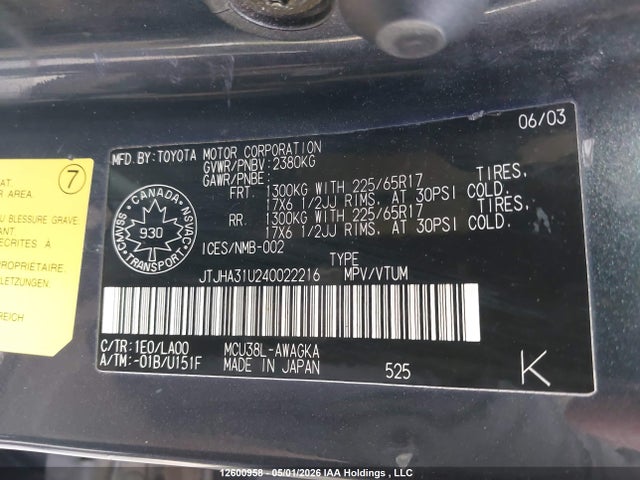 Aukcja sprzedaży 2004 Lexus Rx 330, vin: JTJHA31U240022216, numer aukcji: 12600958