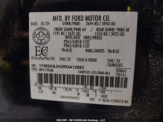 2024 Ford Explorer Timberline მანქანა იყიდება აუქციონზე, vin: 1FMSK8JH2RGA12883, აუქციონის ნომერი: 12611357