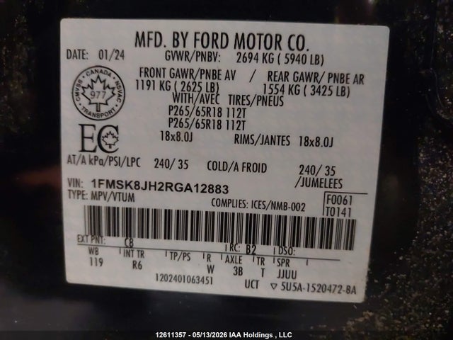 2024 Ford Explorer Timberline მანქანა იყიდება აუქციონზე, vin: 1FMSK8JH2RGA12883, აუქციონის ნომერი: 12611357
