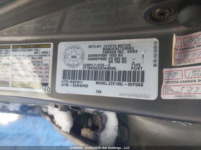 12498493 :رقم المزاد ، 2T1BR32E54C840585 vin ، 2004 Toyota Corolla Ce/le/sport مزاد بيع