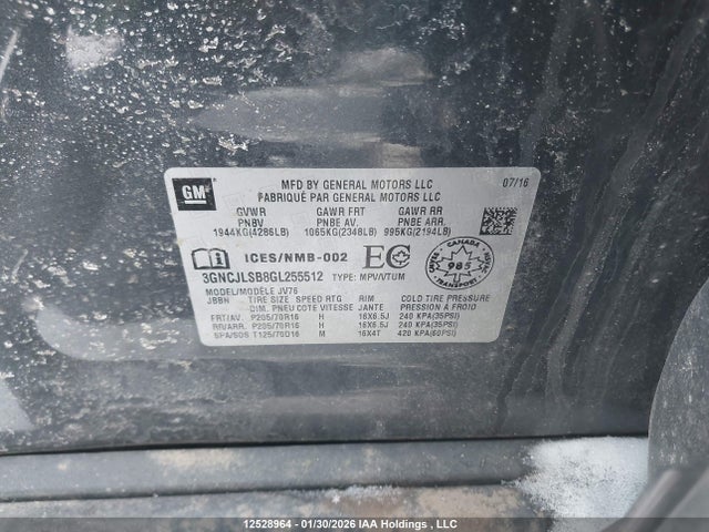 Aukcja sprzedaży 2016 Chevrolet Trax Lt, vin: 3GNCJLSB8GL255512, numer aukcji: 12528964