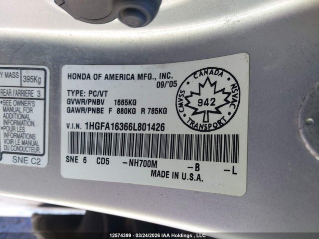 Продажа на аукционе авто 2006 Honda Civic Dx-g, vin: 1HGFA16366L801426, номер лота: 12574399