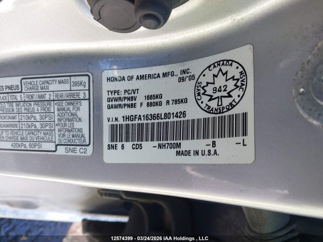 Продажа на аукционе авто 2006 Honda Civic Dx-g, vin: 1HGFA16366L801426, номер лота: 12574399