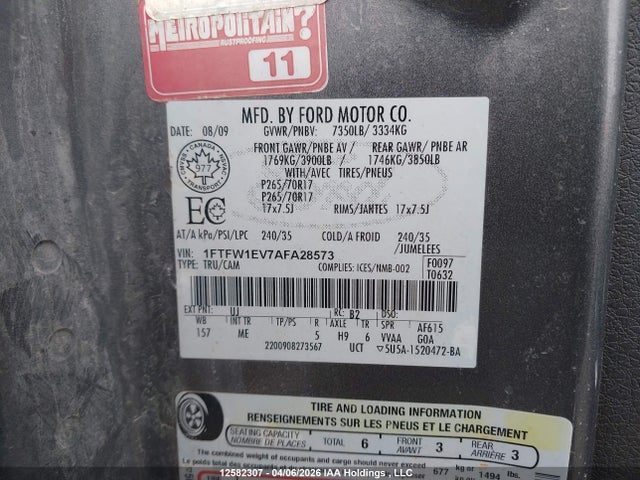 Aukcja sprzedaży 2010 Ford F-150 Fx4/harley-davidson/lariat/xlt, vin: 1FTFW1EV7AFA28573, numer aukcji: 12582307