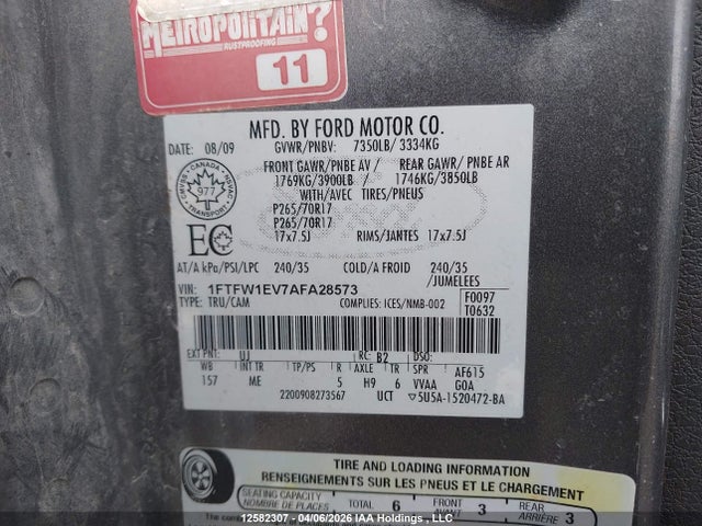 Aukcja sprzedaży 2010 Ford F-150 Fx4/harley-davidson/lariat/xlt, vin: 1FTFW1EV7AFA28573, numer aukcji: 12582307