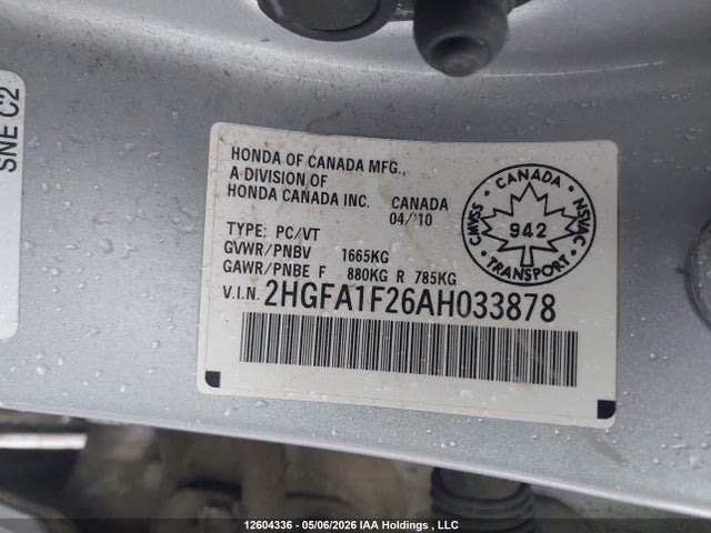 2010 Honda Civic Dx/dx-a მანქანა იყიდება აუქციონზე, vin: 2HGFA1F26AH033878, აუქციონის ნომერი: 12604336