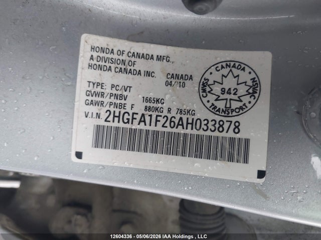 2010 Honda Civic Dx/dx-a მანქანა იყიდება აუქციონზე, vin: 2HGFA1F26AH033878, აუქციონის ნომერი: 12604336