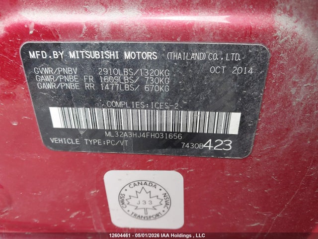 Aukcja sprzedaży 2015 Mitsubishi Mirage Es, vin: ML32A3HJ4FH031656, numer aukcji: 12604461