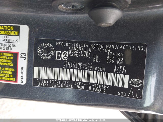 12604781 :رقم المزاد ، 2T1BU4EE5AC296309 vin ، 2010 Toyota Corolla S مزاد بيع