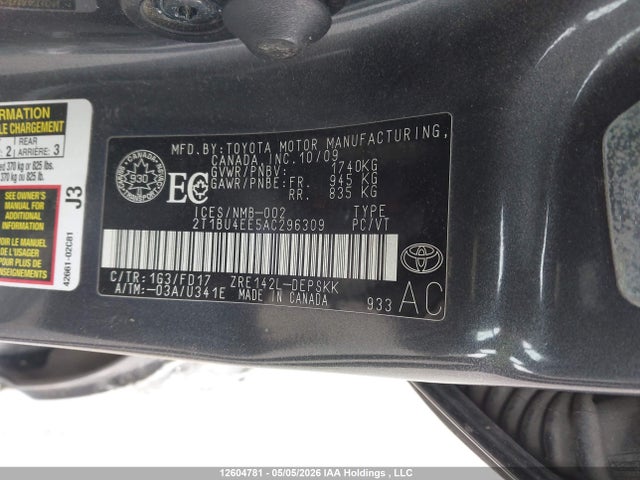 12604781 :رقم المزاد ، 2T1BU4EE5AC296309 vin ، 2010 Toyota Corolla S مزاد بيع