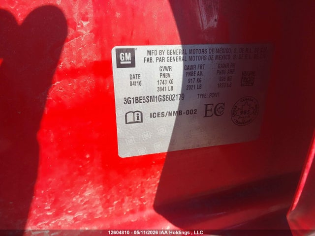 3G1BE5SM1GS602179 Chevrolet Cruze Lt Auto
