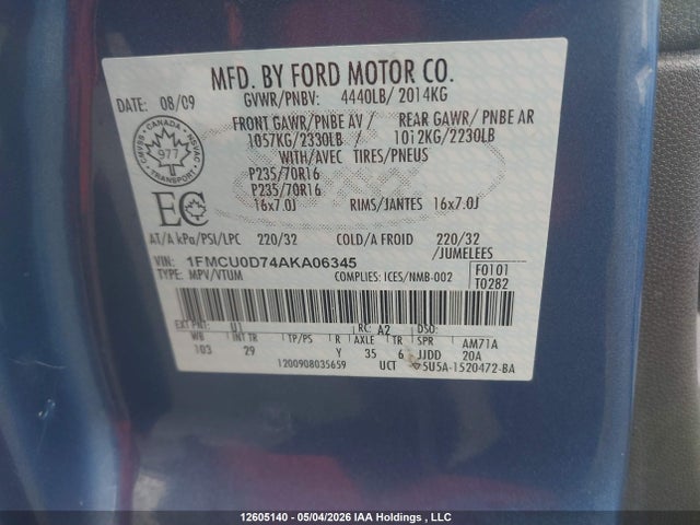 Продаж на аукціоні авто 2010 Ford Escape Xlt Automatic/xlt Manual, vin: 1FMCU0D74AKA06345, номер лоту: 12605140