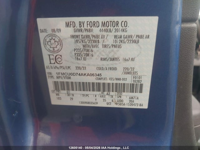 Продаж на аукціоні авто 2010 Ford Escape Xlt Automatic/xlt Manual, vin: 1FMCU0D74AKA06345, номер лоту: 12605140