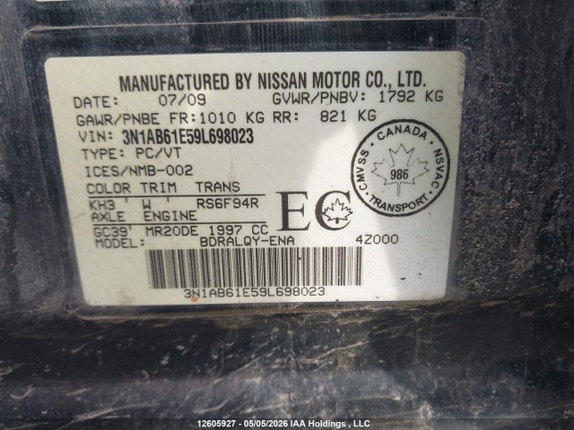 Aukcja sprzedaży 2009 Nissan Sentra 2.0, vin: 3N1AB61E59L698023, numer aukcji: 12605927