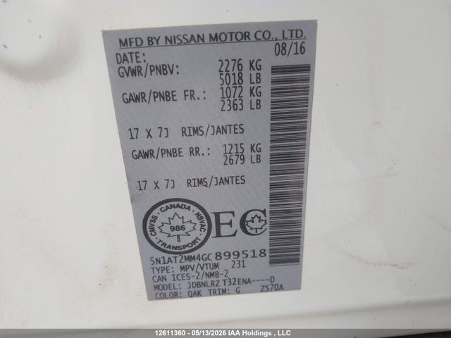 12611360 :رقم المزاد ، 5N1AT2MM4GC899518 vin ، 2016 Nissan Rogue S/sl/sv مزاد بيع