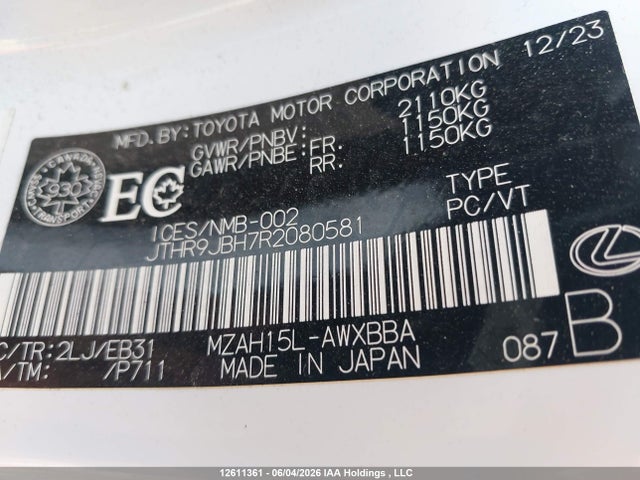 Aukcja sprzedaży 2024 Lexus Ux 250h, vin: JTHR9JBH7R2080581, numer aukcji: 12611361