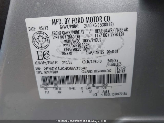 12611367 :رقم المزاد ، 2FMDK3JC4DBA33542 vin ، 2013 Ford Edge Sel مزاد بيع