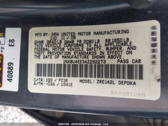 2010 Toyota Corolla S/le/xle მანქანა იყიდება აუქციონზე, vin: 1NXBU4EE3AZ292273, აუქციონის ნომერი: 12603165