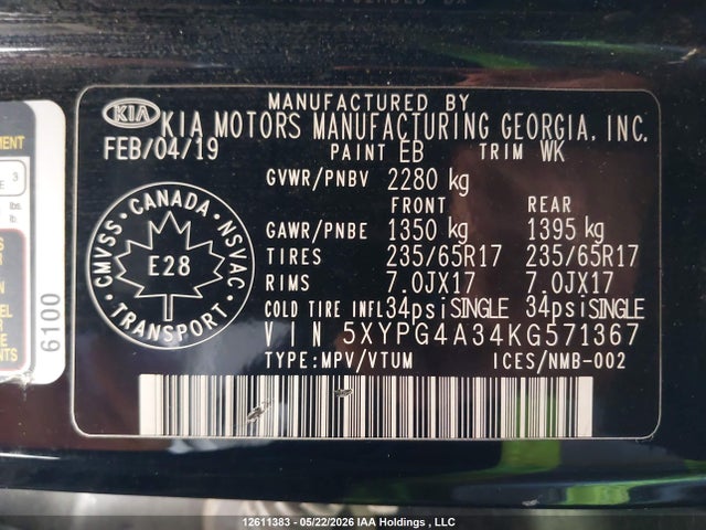 5XYPG4A34KG571367 KIA Sorento