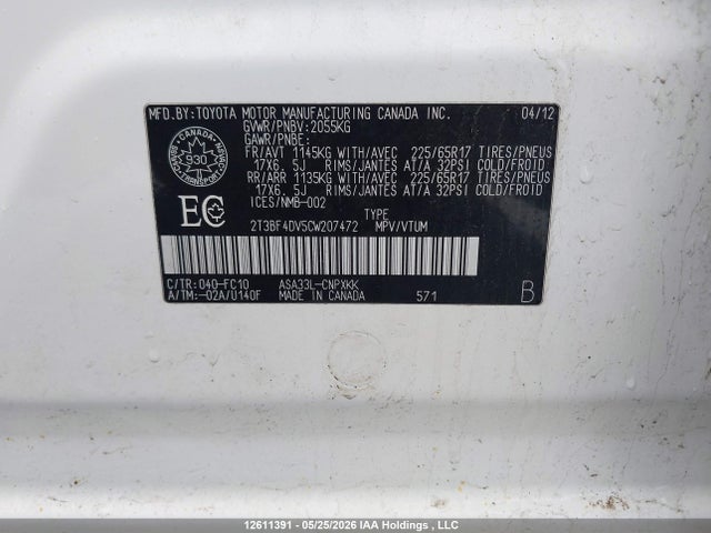 2012 Toyota Rav4 მანქანა იყიდება აუქციონზე, vin: 2T3BF4DV5CW207472, აუქციონის ნომერი: 12611391