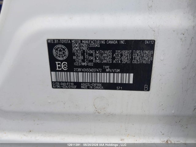 2012 Toyota Rav4 მანქანა იყიდება აუქციონზე, vin: 2T3BF4DV5CW207472, აუქციონის ნომერი: 12611391