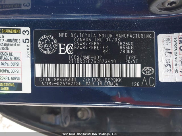 Продаж на аукціоні авто 2006 Toyota Corolla Ce/le/s, vin: 2T1BR32E76C673410, номер лоту: 12611393