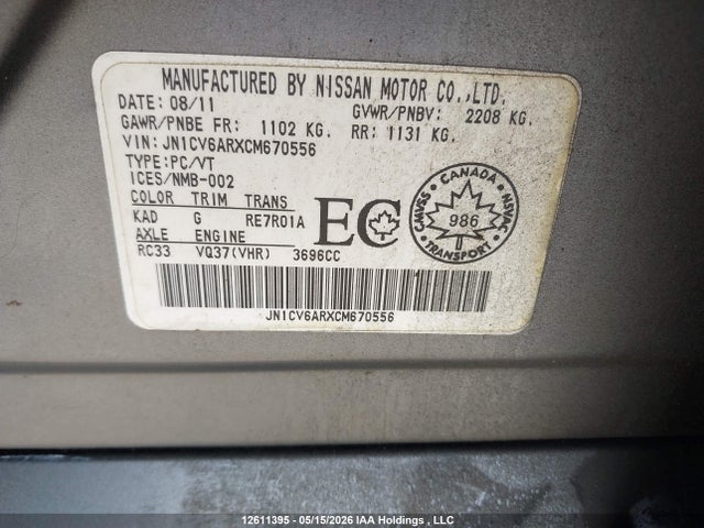 2012 Infiniti G37 მანქანა იყიდება აუქციონზე, vin: JN1CV6ARXCM670556, აუქციონის ნომერი: 12611395