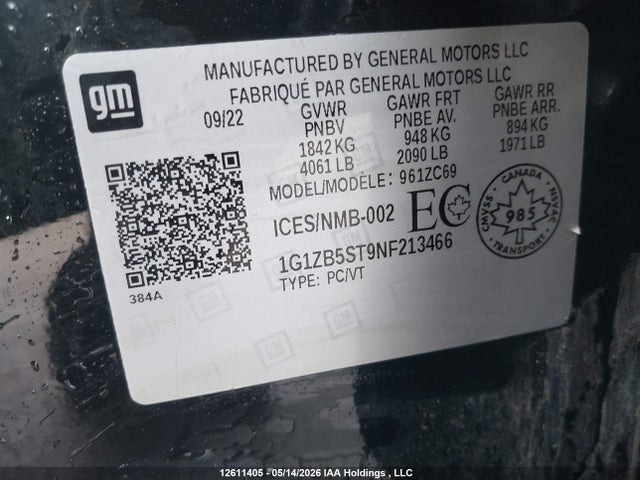 2022 Chevrolet Malibu Ls მანქანა იყიდება აუქციონზე, vin: 1G1ZB5ST9NF213466, აუქციონის ნომერი: 12611405