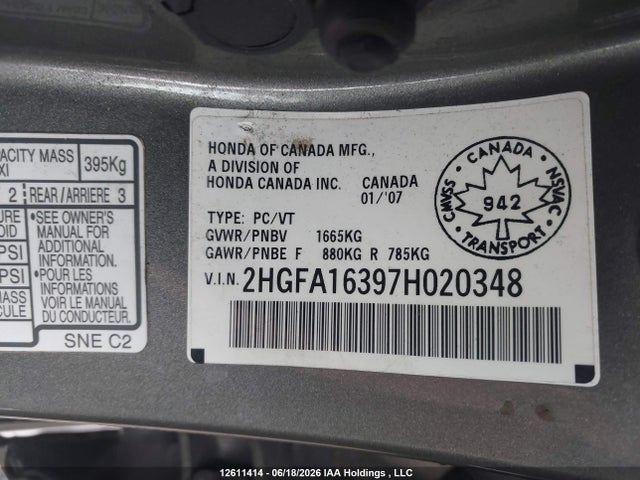 Aukcja sprzedaży 2007 Honda Civic Dx, vin: 2HGFA16397H020348, numer aukcji: 12611414