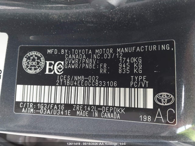 12611419 :رقم المزاد ، 2T1BU4EE0CC833106 vin ، 2012 Toyota Corolla مزاد بيع