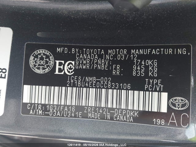 12611419 :رقم المزاد ، 2T1BU4EE0CC833106 vin ، 2012 Toyota Corolla مزاد بيع