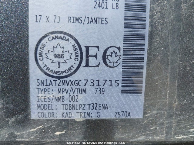 5N1AT2MVXGC731715 Nissan Rogue S/sl Premium/sv