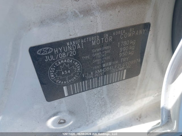 12611428 :رقم المزاد ، KMHD84LF2LU109974 vin ، 2020 Hyundai Elantra Sel/value/limited مزاد بيع