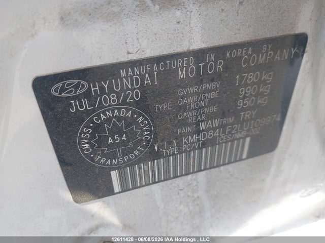 12611428 :رقم المزاد ، KMHD84LF2LU109974 vin ، 2020 Hyundai Elantra Sel/value/limited مزاد بيع