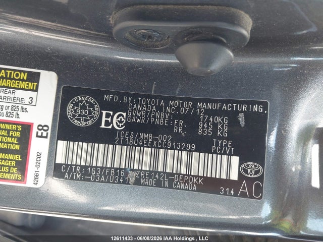 2012 Toyota Corolla S/le მანქანა იყიდება აუქციონზე, vin: 2T1BU4EEXCC913299, აუქციონის ნომერი: 12611433