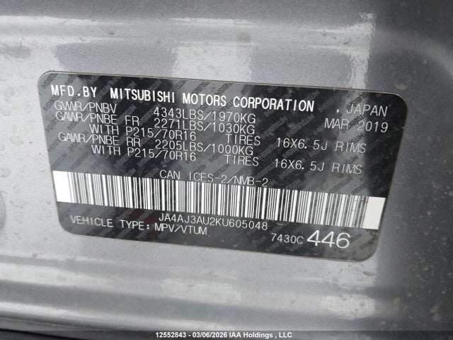 12552843 :رقم المزاد ، JA4AJ3AU2KU605048 vin ، 2019 Mitsubishi Rvr مزاد بيع