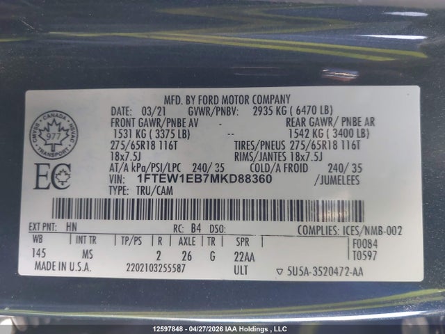Продаж на аукціоні авто 2021 Ford F-150 Xlt, vin: 1FTEW1EB7MKD88360, номер лоту: 12597848