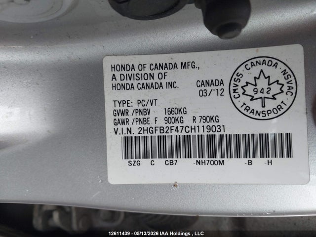 Продаж на аукціоні авто 2012 Honda Civic Lx, vin: 2HGFB2F47CH119031, номер лоту: 12611439