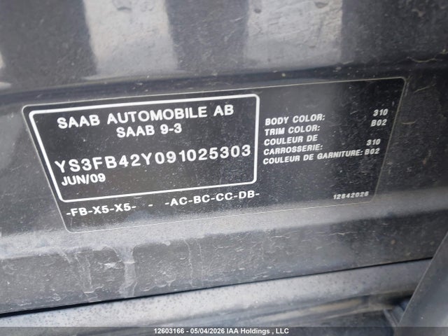 12603166 :رقم المزاد ، YS3FB42Y091025303 vin ، 2009 Saab 9-3 مزاد بيع
