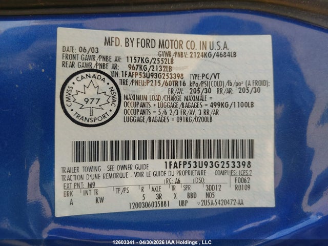 Продаж на аукціоні авто 2003 Ford Taurus Se, vin: 1FAFP53U93G253398, номер лоту: 12603341
