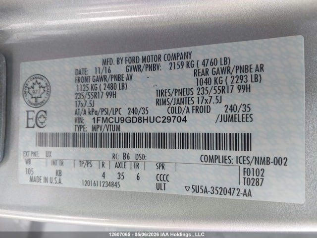 1FMCU9GD8HUC29704 Ford ESCAPE SE