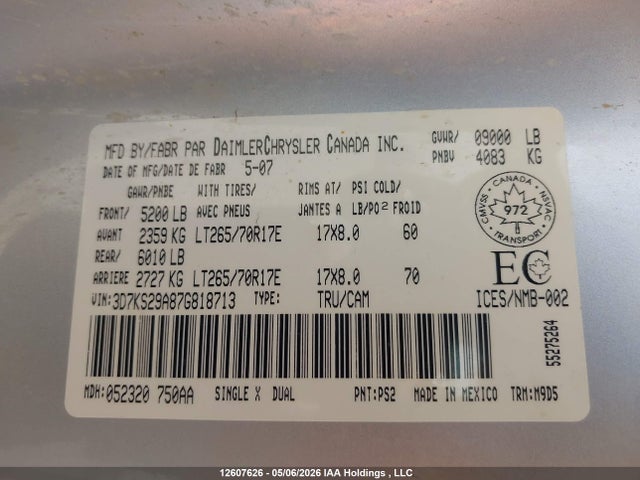 2007 Dodge Ram 2500 Slt მანქანა იყიდება აუქციონზე, vin: 3D7KS29A87G818713, აუქციონის ნომერი: 12607626