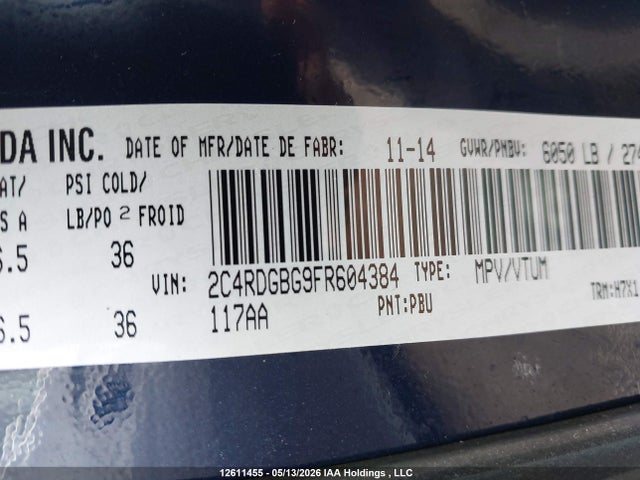 2015 Dodge Grand Caravan Se/sxt მანქანა იყიდება აუქციონზე, vin: 2C4RDGBG9FR604384, აუქციონის ნომერი: 12611455