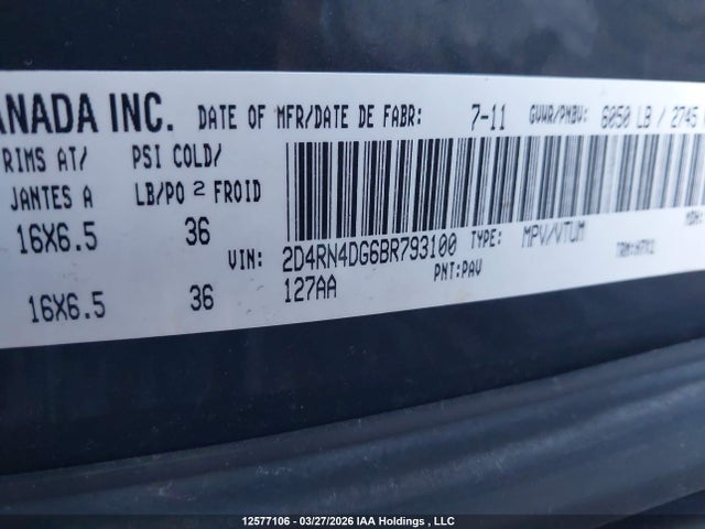 2011 Dodge Grand Caravan Se/sxt მანქანა იყიდება აუქციონზე, vin: 2D4RN4DG6BR793100, აუქციონის ნომერი: 12577106
