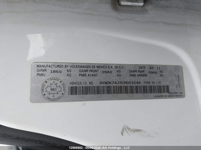 2012 Volkswagen Jetta 2.0l Comfortline მანქანა იყიდება აუქციონზე, vin: 3VWDK7AJ3CM301548, აუქციონის ნომერი: 12585582