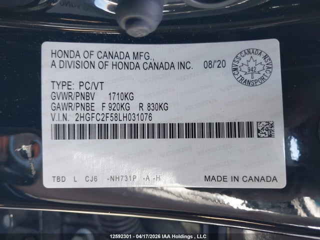 12592301 :رقم المزاد ، 2HGFC2F58LH031076 vin ، 2020 Honda Civic Lx مزاد بيع